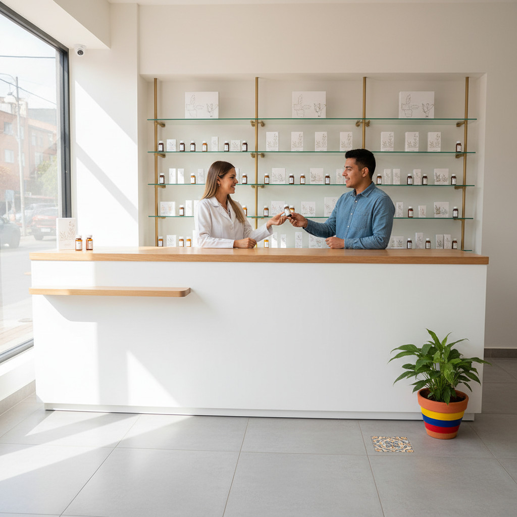 Modern specialized medical cannabis pharmacy interior in Medellín