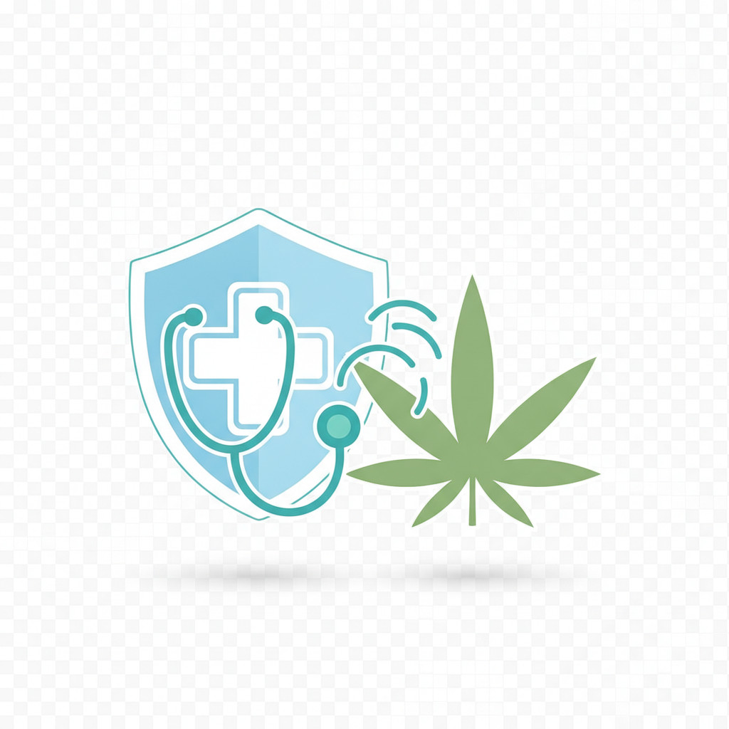 A clean vector graphic showing a stethoscope and medical cross gently overlapping with a stylized hemp leaf, linked by a subtle connecting line to symbolize partnership between Medicare healthcare and CBD hemp products.
