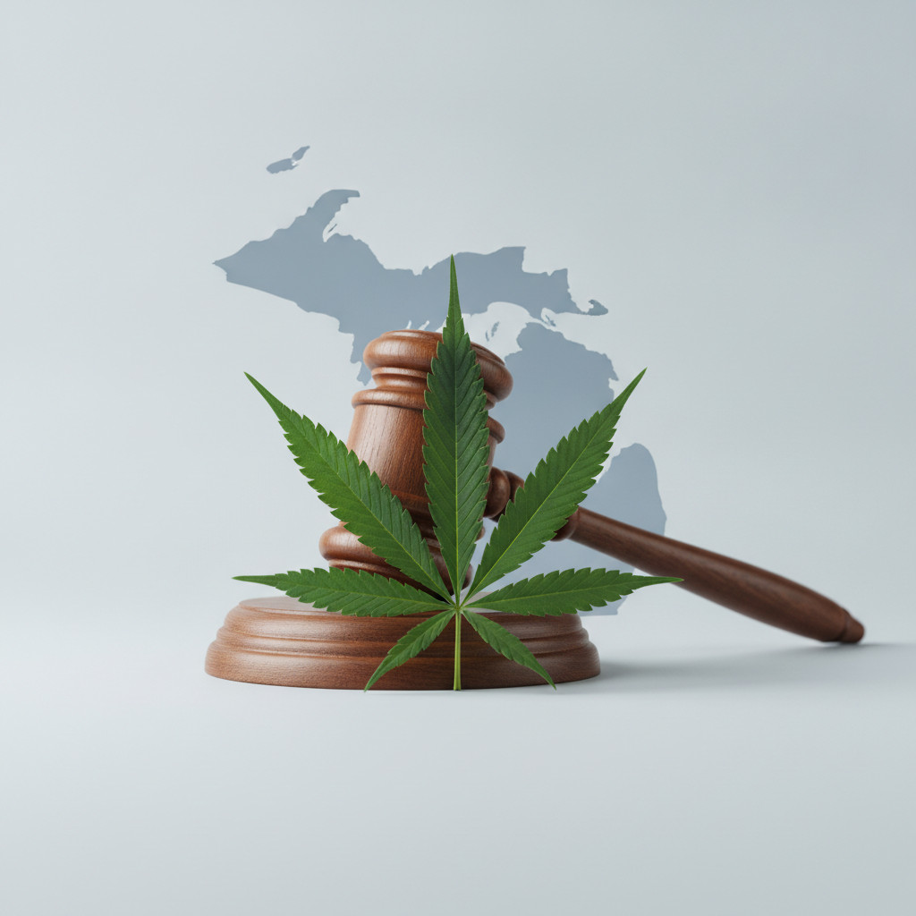 A wooden judge's gavel partially overlapping a green cannabis leaf, with a faint outline of Michigan in the background to signify a legal challenge to the state's cannabis tax.
