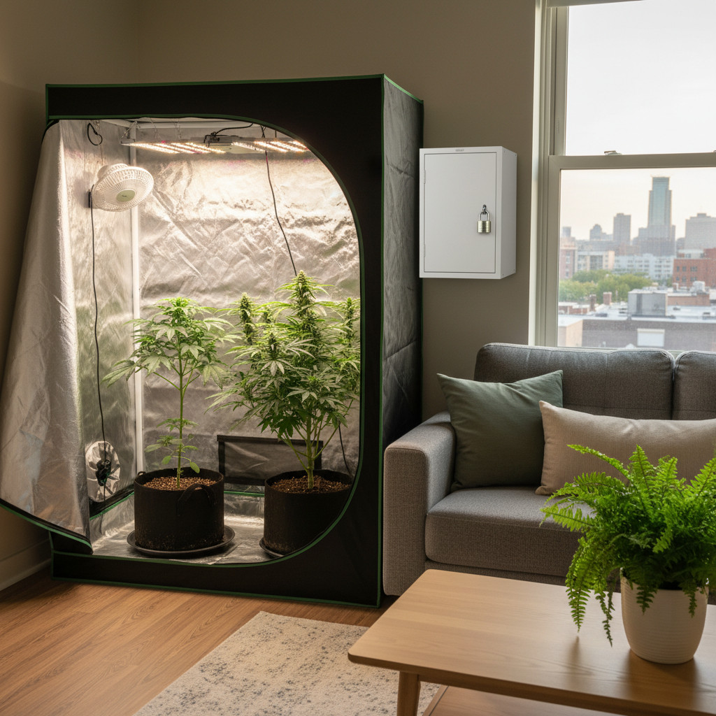 A tidy indoor apartment grow space with a partially open 4x4 grow tent holding several potted cannabis plants at different stages. A locked cabinet and a window showing a soft-focus Minneapolis skyline appear in the background, conveying secure, legal home cultivation.