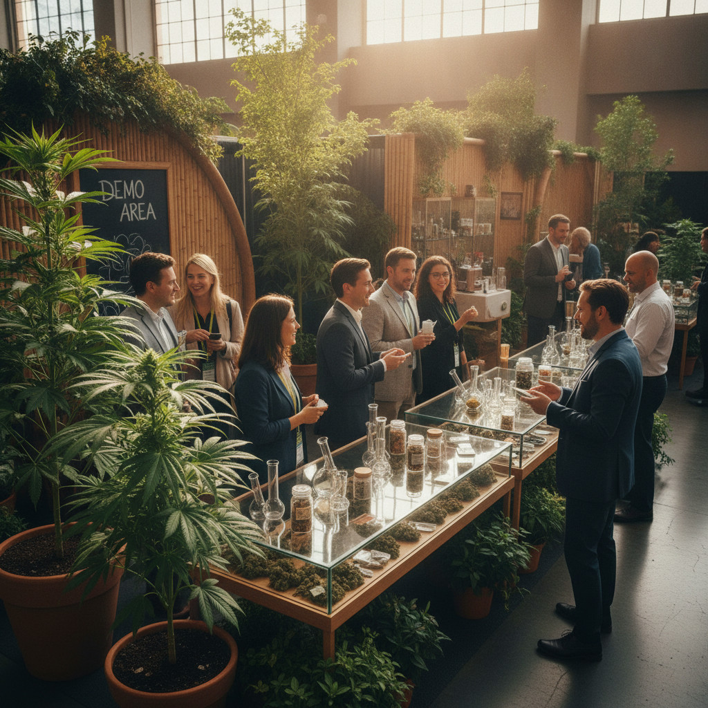 Bright, bustling cannabis trade show floor with diverse attendees, colorful booths, and natural greenery creating an energetic networking scene.