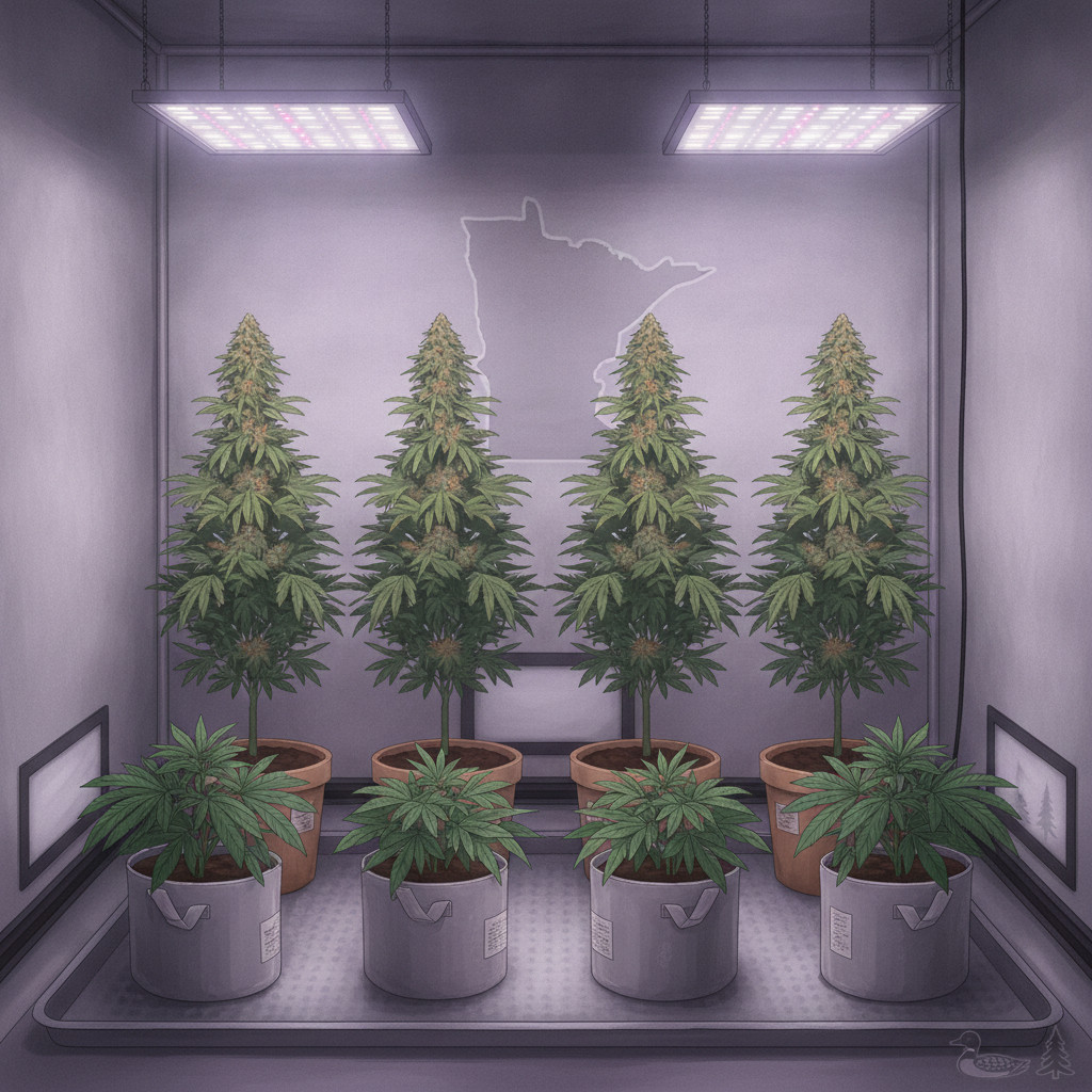 Indoor 8-plant cannabis grow setup in a 4x4 tent with LED lights and a subtle Minnesota outline on the back wall