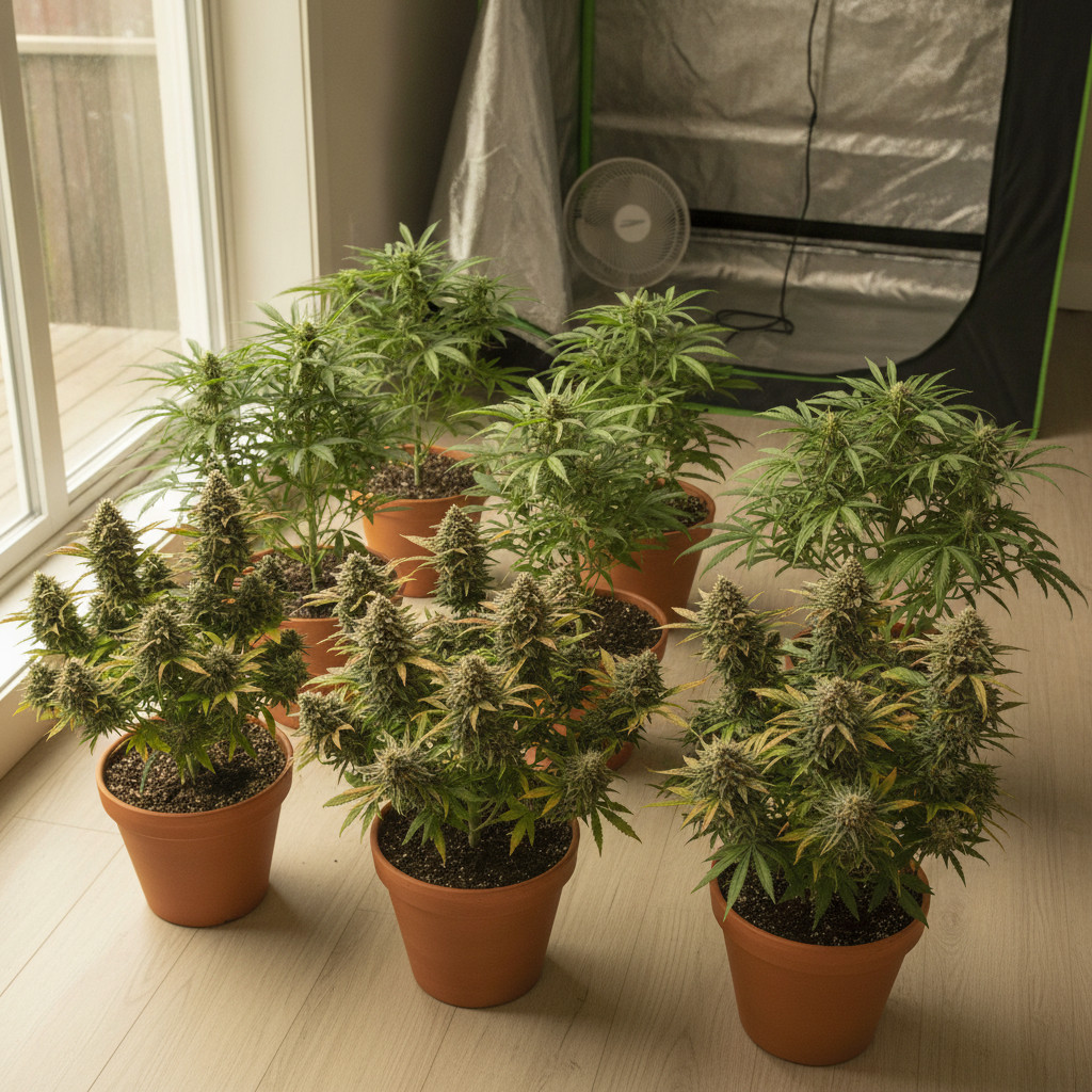 Small home cannabis garden with eight plants
