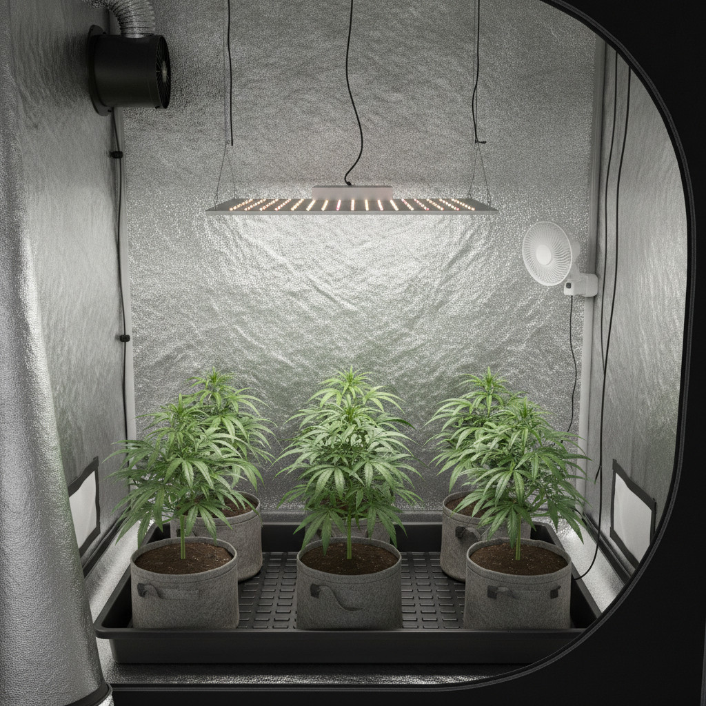 Indoor 4x4 grow tent with eight fabric pots and full-spectrum LED