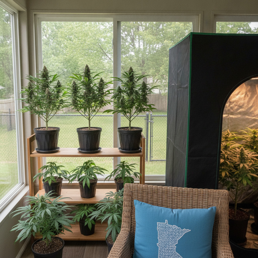 Cozy indoor home cannabis grow with eight potted plants and a small 4x4 grow tent