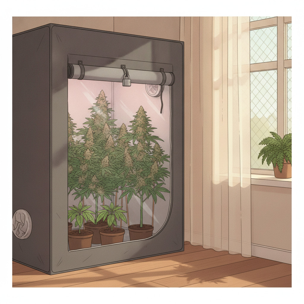 Home grow setup with eight cannabis plants in an indoor tent