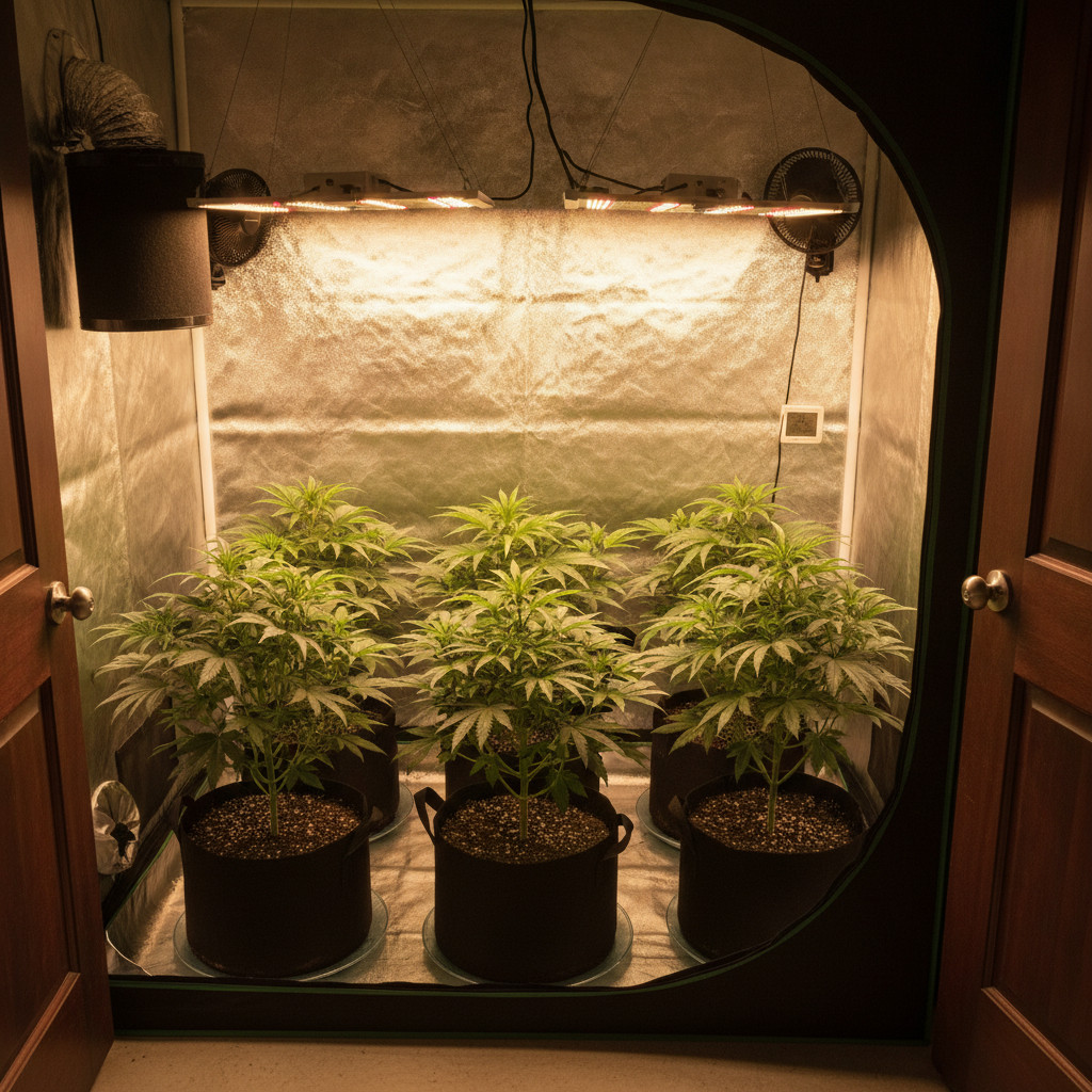 Photorealistic indoor 4x4 grow tent with eight healthy cannabis plants in evenly spaced fabric pots, LED grow lights, clip fan, inline exhaust with carbon filter, and a visible locked door outside the tent.