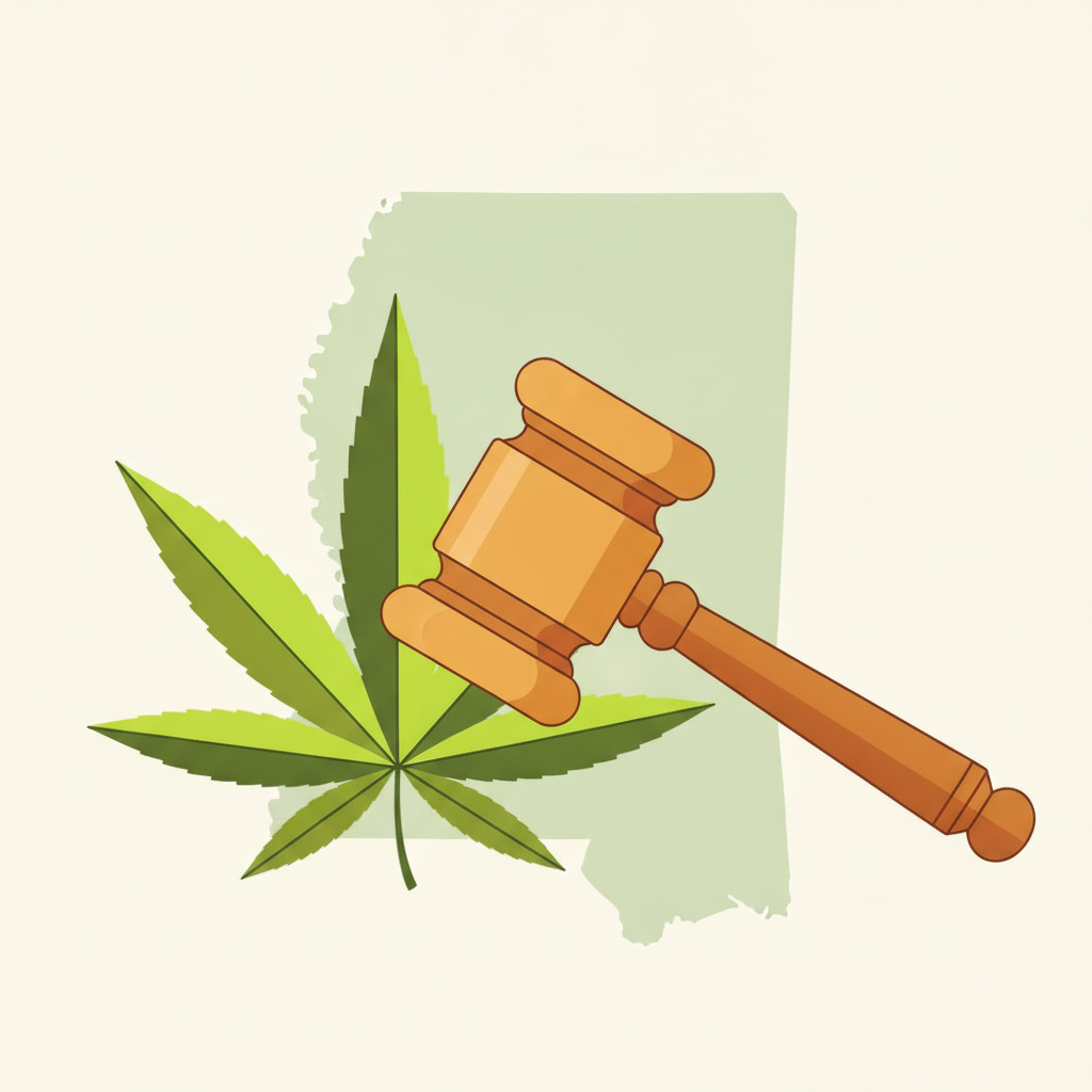 Illustration of a wooden gavel crossed with a green cannabis leaf over a faint Mississippi outline