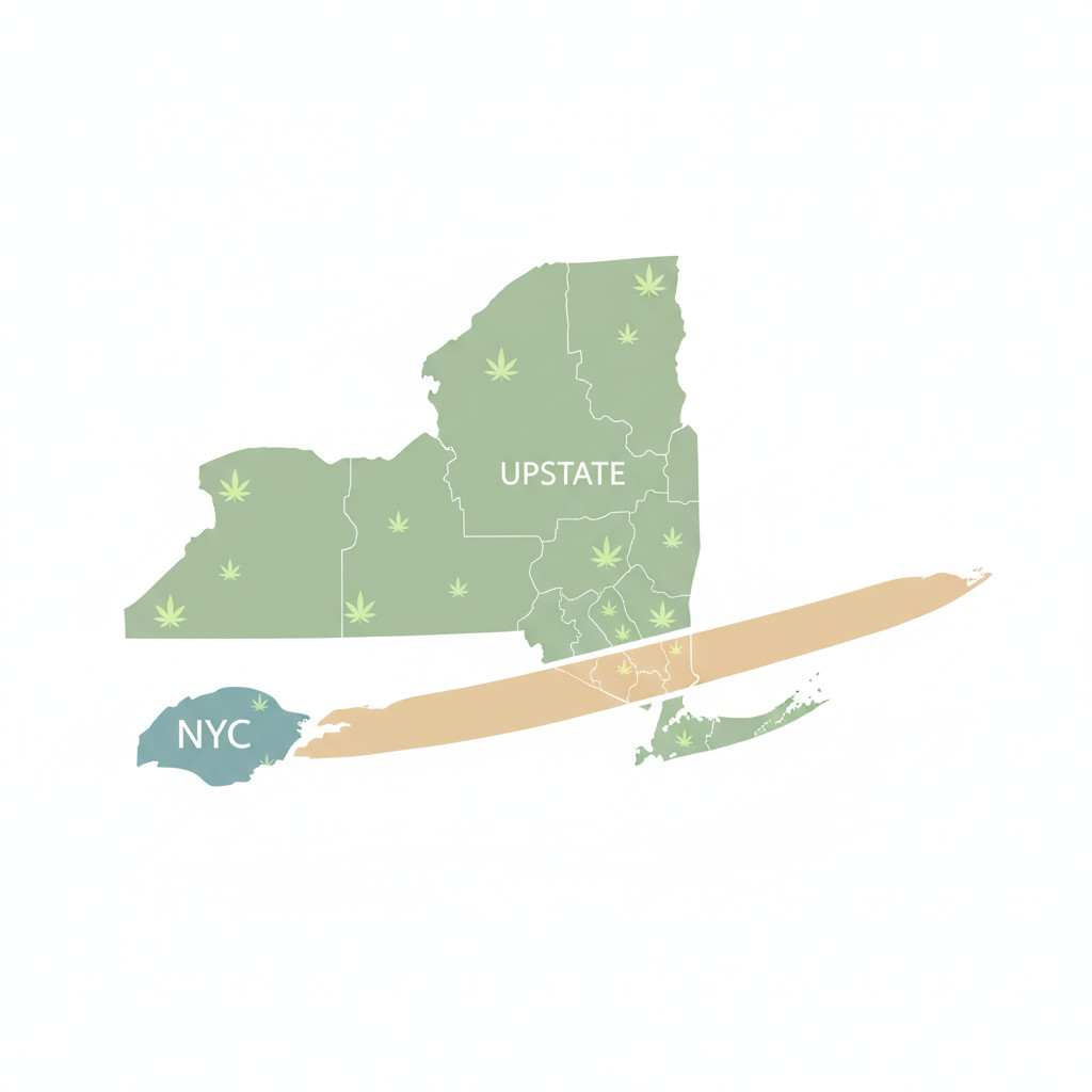 Map of New York State with dispensary markers