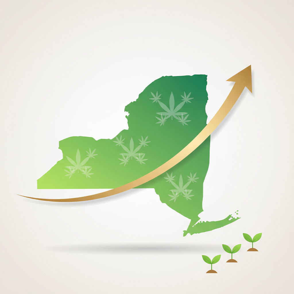 Illustration of New York map with cannabis leaves and an upward growth arrow representing five years of cannabis industry growth