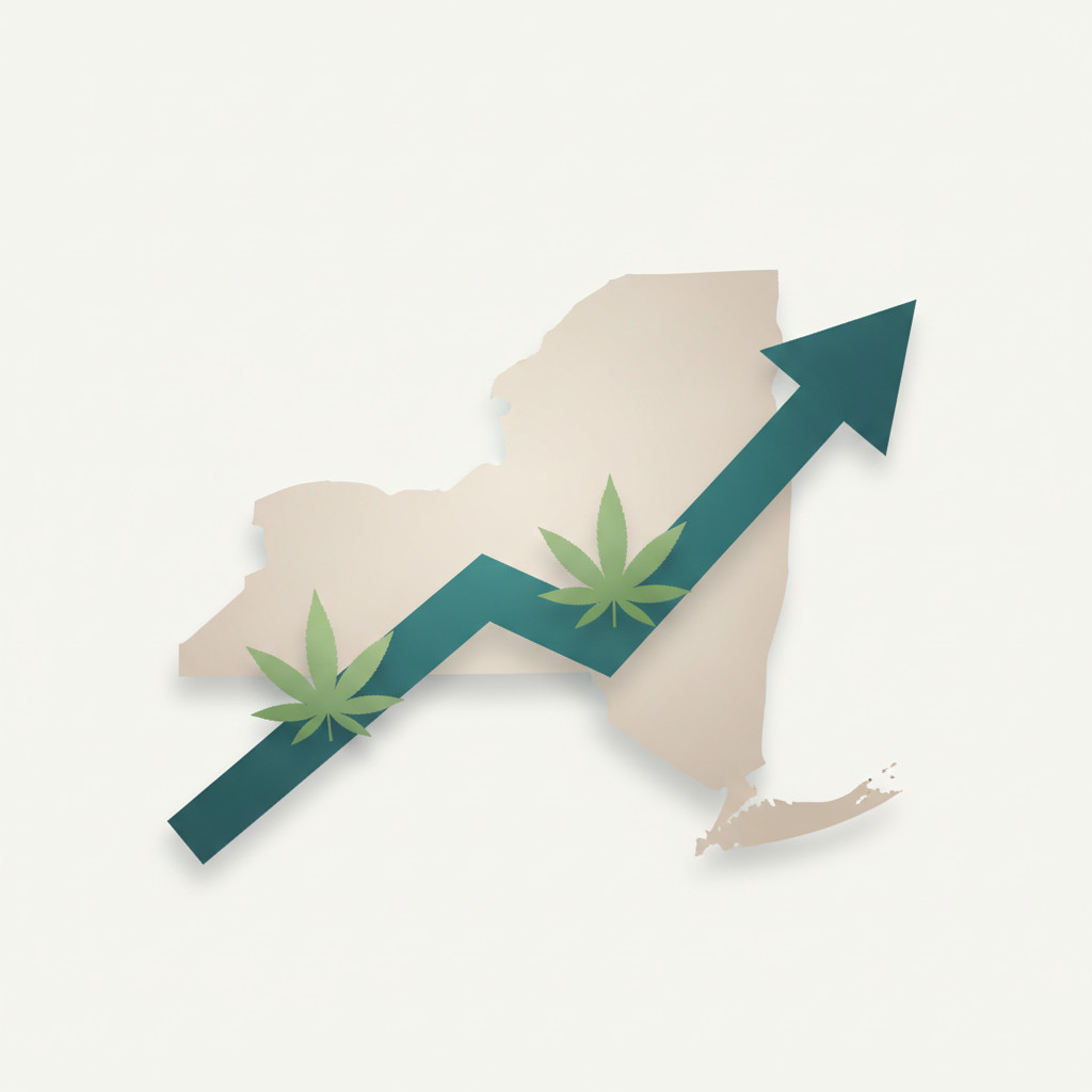Clean vector style illustration showing New York state outline with an upward trending line and stylized cannabis leaves to represent the $3.3 billion sales milestone and market growth.