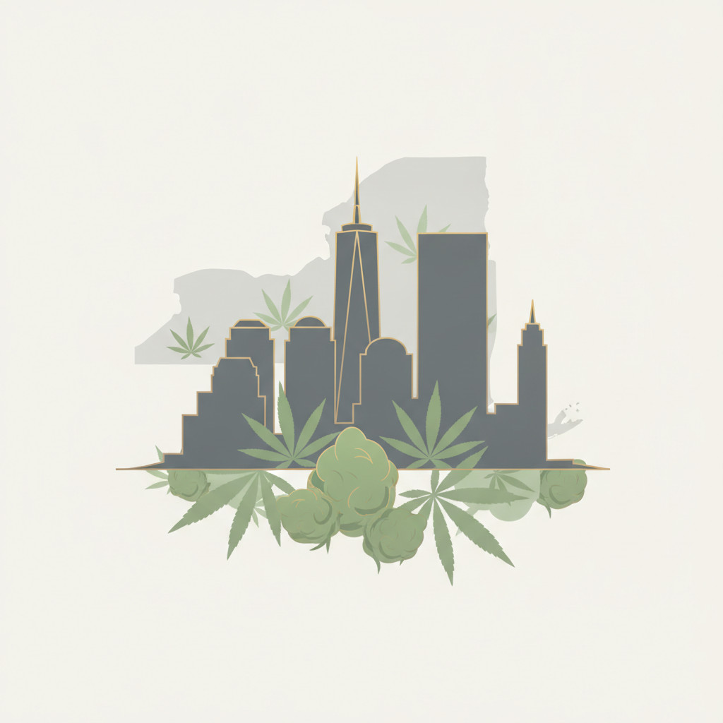 Stylized New York skyline with a soft outline of New York State and subtle cannabis leaves blended into the composition, using muted greens, slate gray, and warm gold highlights.