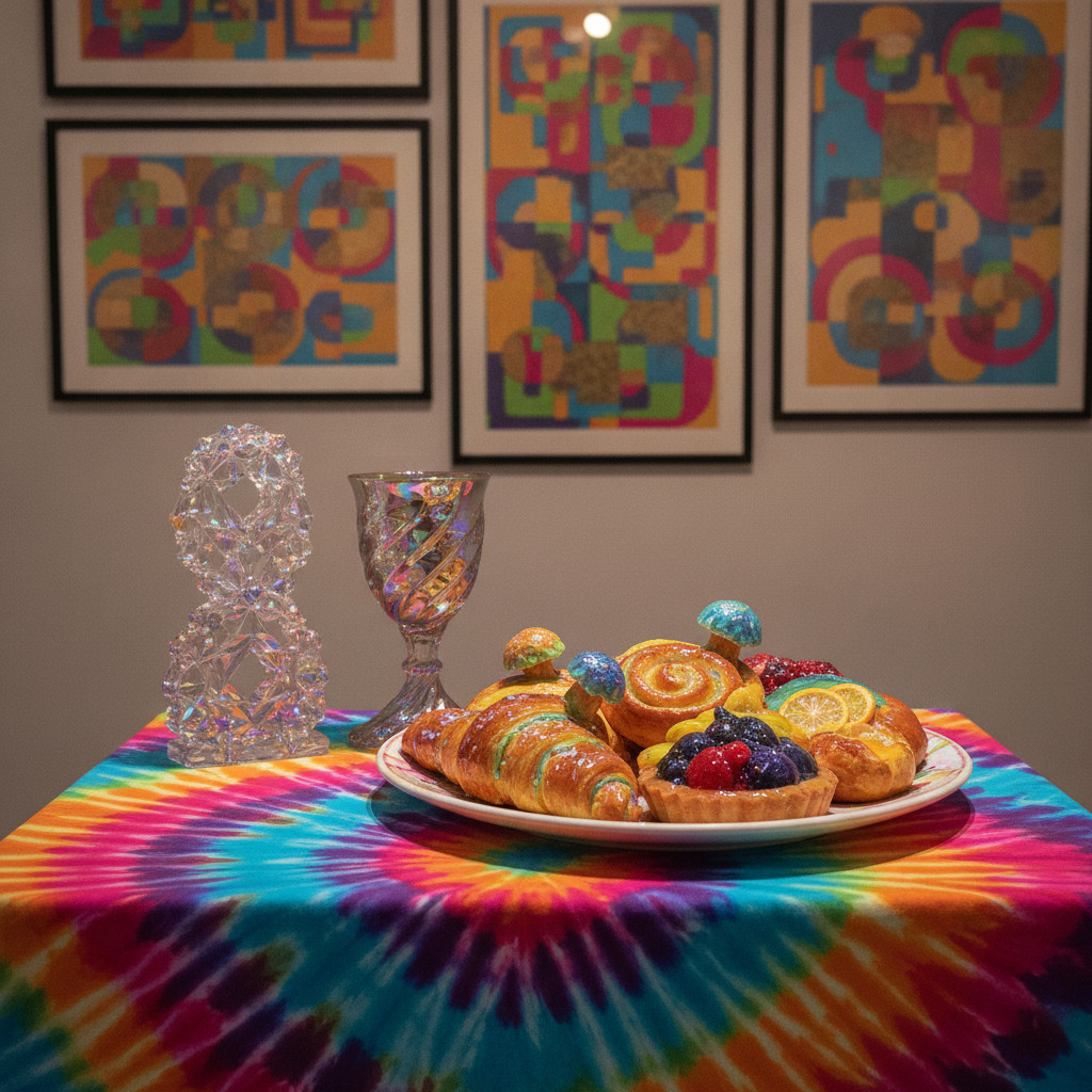Colorful psychedelic deli still life with Judaica-inspired objects and neon art