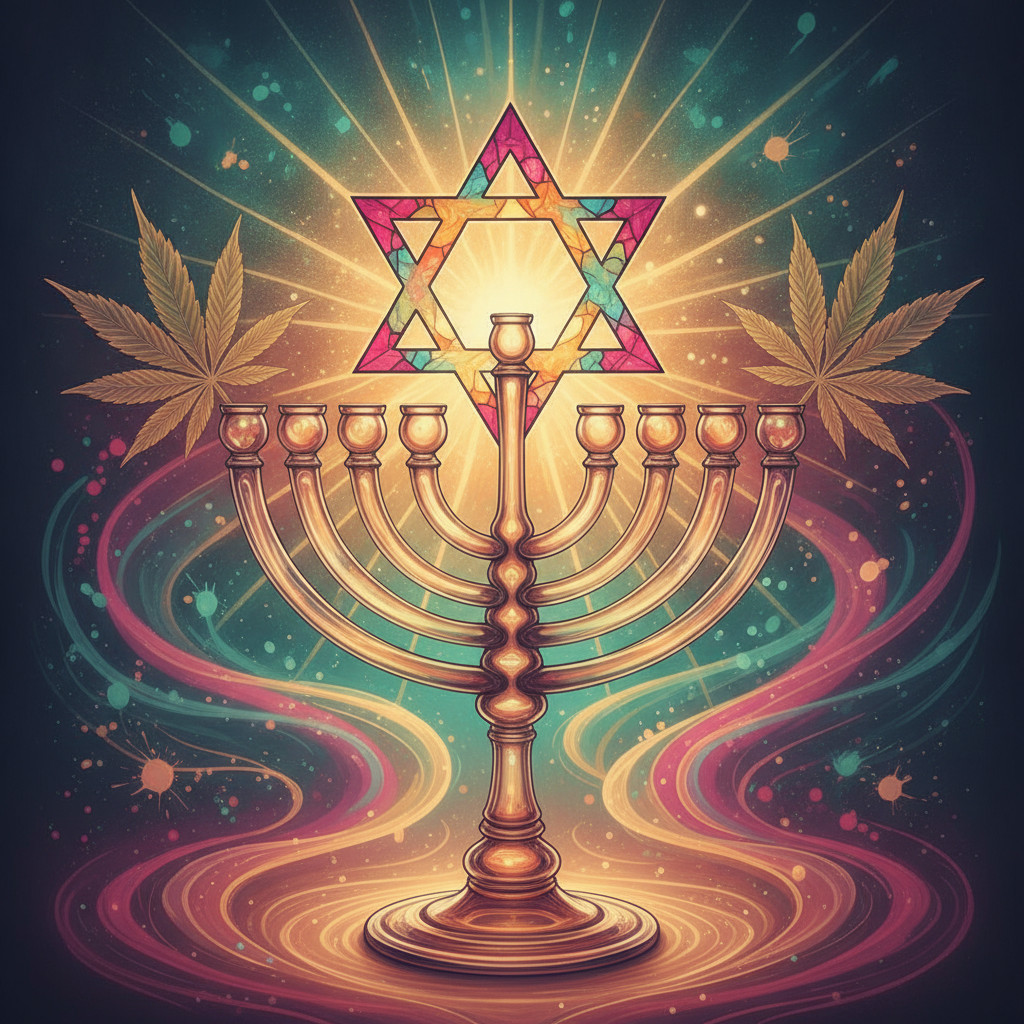 A vibrant, square pop-art illustration showing a glass-like menorah whose branches subtly morph into cannabis leaves. A translucent Star of David halo formed from stained-glass shards sits behind the menorah. Swirling paint-splatter textures and bright teal, magenta, gold, and emerald gradients give the piece a psychedelic yet reverent mood, blending Jewish tradition and cannabis culture.