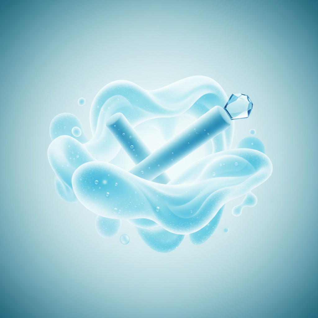 Abstract cool image with calming blue hues and soft icy shapes evoking freshness and a subtle pre-roll silhouette