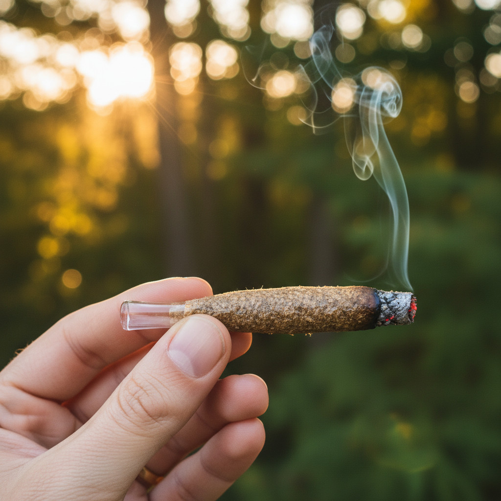 Person holding a lit Rove Ice Packs Blunt with glass tip in warm outdoor light