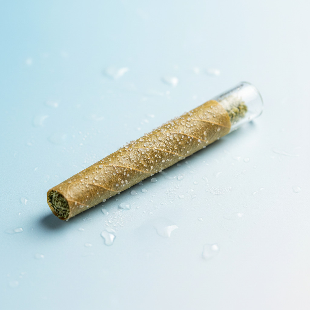 Clean close-up of a single Rove Ice Packs Blunt on a pale-blue background, showing a natural hemp wrap, glass tip, and fine crystalline flecks that suggest an ice hash coating