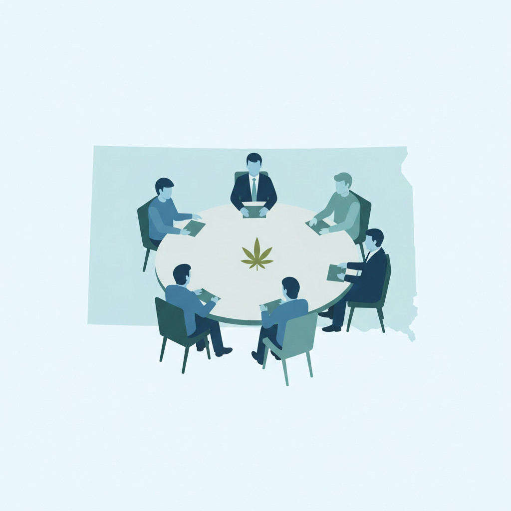 Abstract committee meeting with South Dakota outline and cannabis leaf