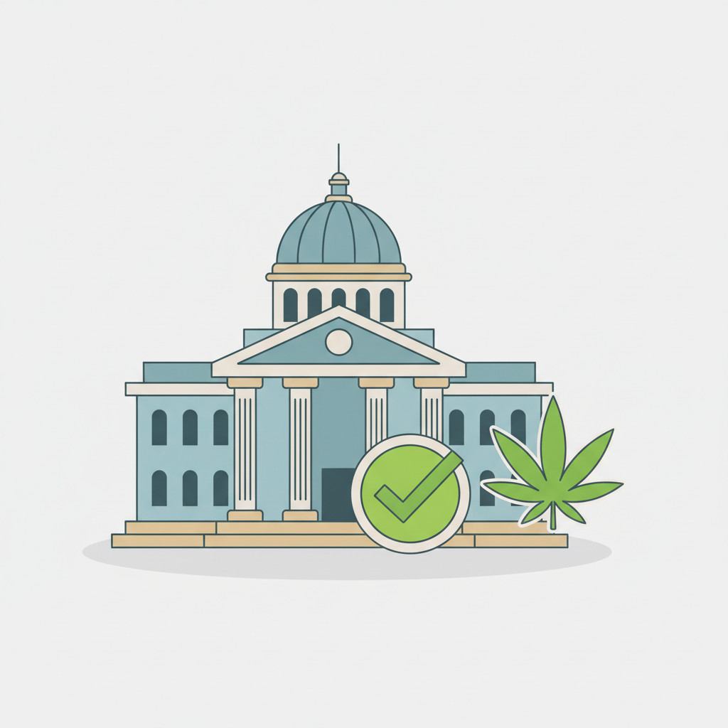 Simple flat illustration showing a government building, a green cannabis leaf, and a checkmark badge to symbolize regulatory oversight and approval.