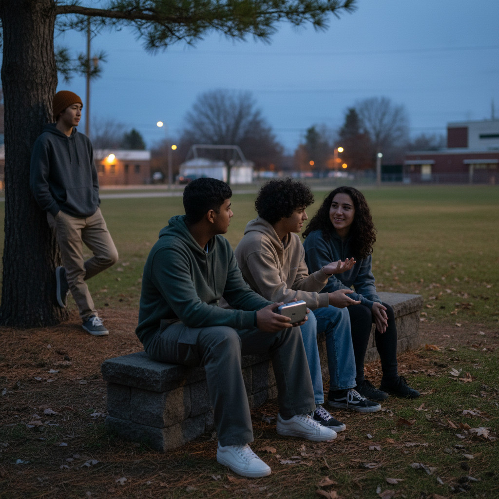 Teens seated outdoors in a muted dusk scene, partially turned away, socializing with subtle nonidentifiable cues of cannabis context such as a closed small case; no consumption shown, no text, no branding.