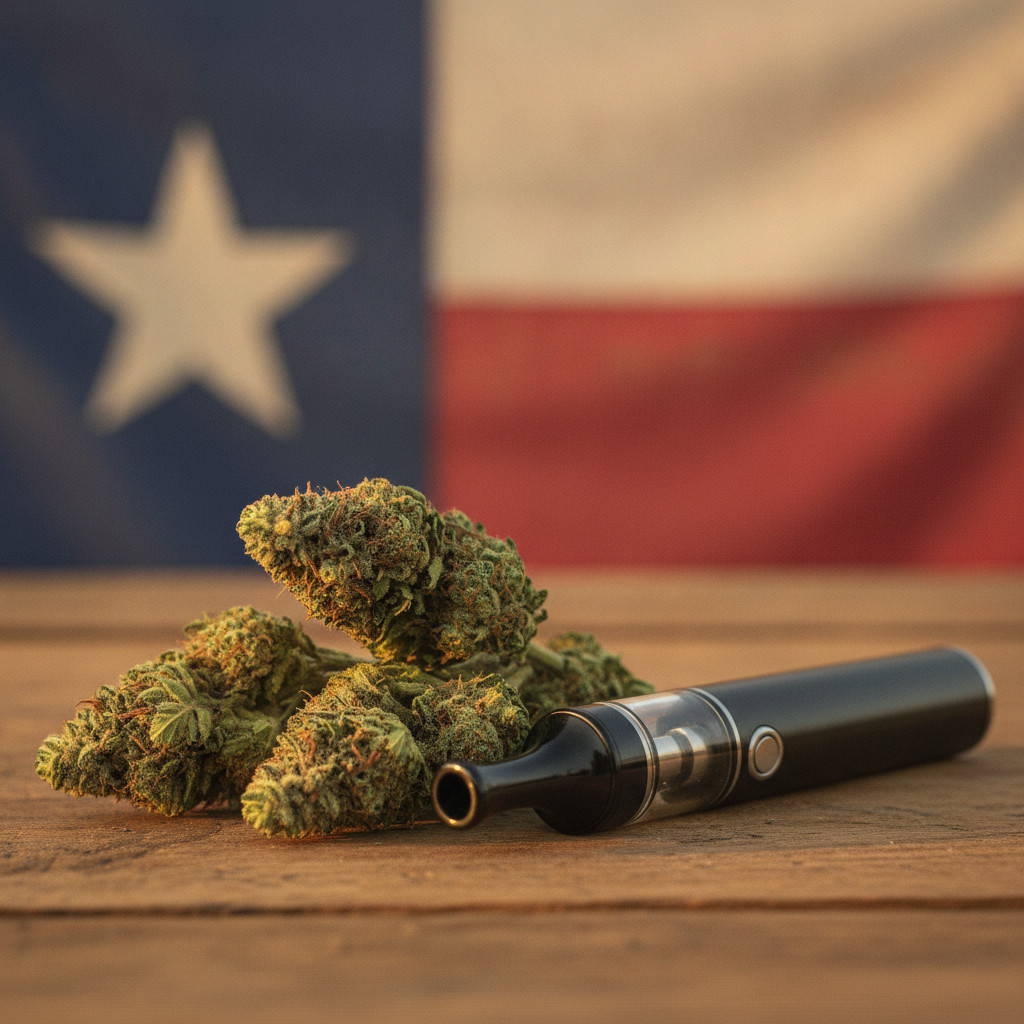 Close-up of fresh hemp flowers and a sleek vaping device on a wooden surface with a softly blurred Texas state flag in the background