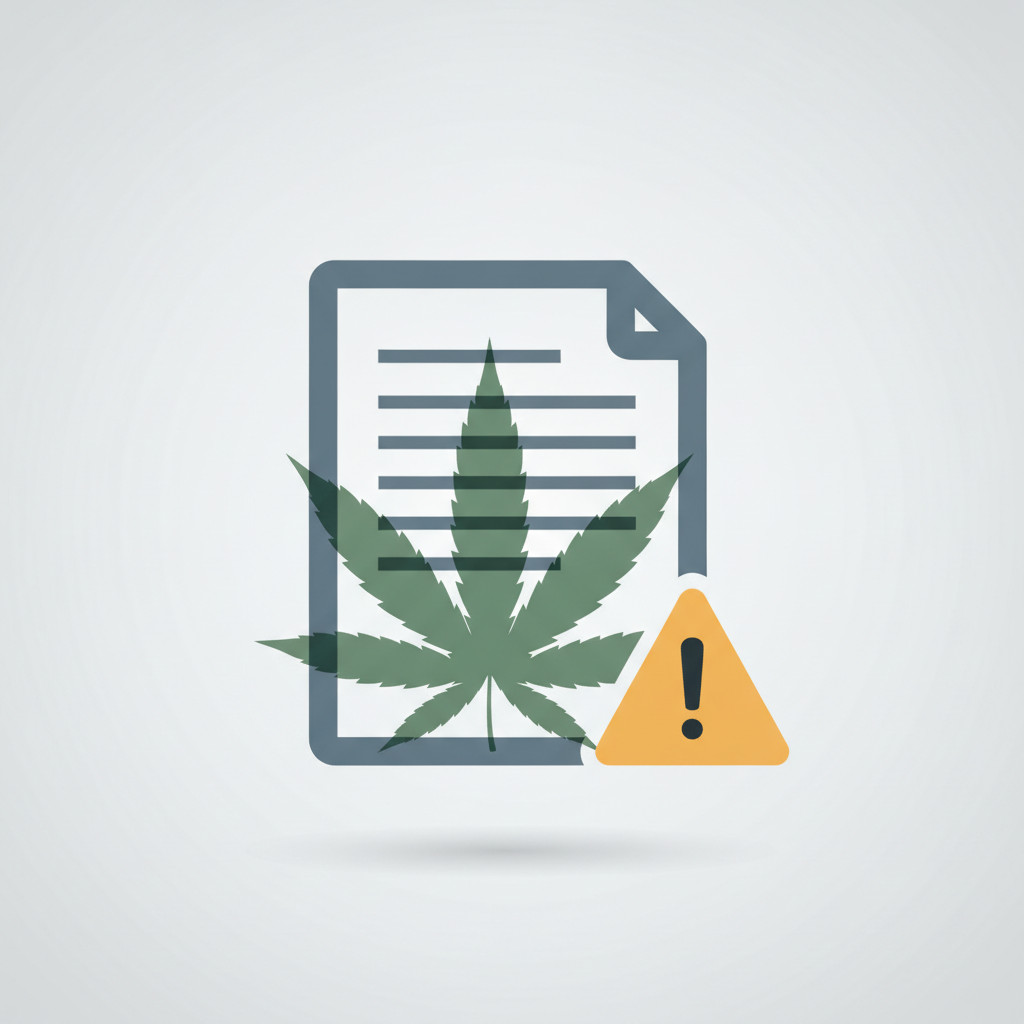 Hemp leaf over legal document with warning symbol