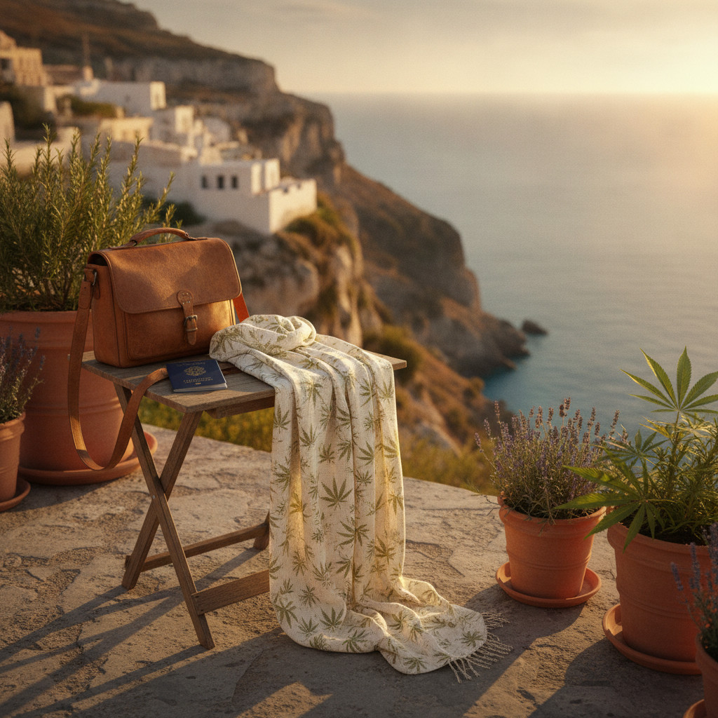 Golden hour Mediterranean terrace with a travel bag, passport, and a subtle cannabis leaf patterned scarf; soft-focus sea and cliffs in the background.