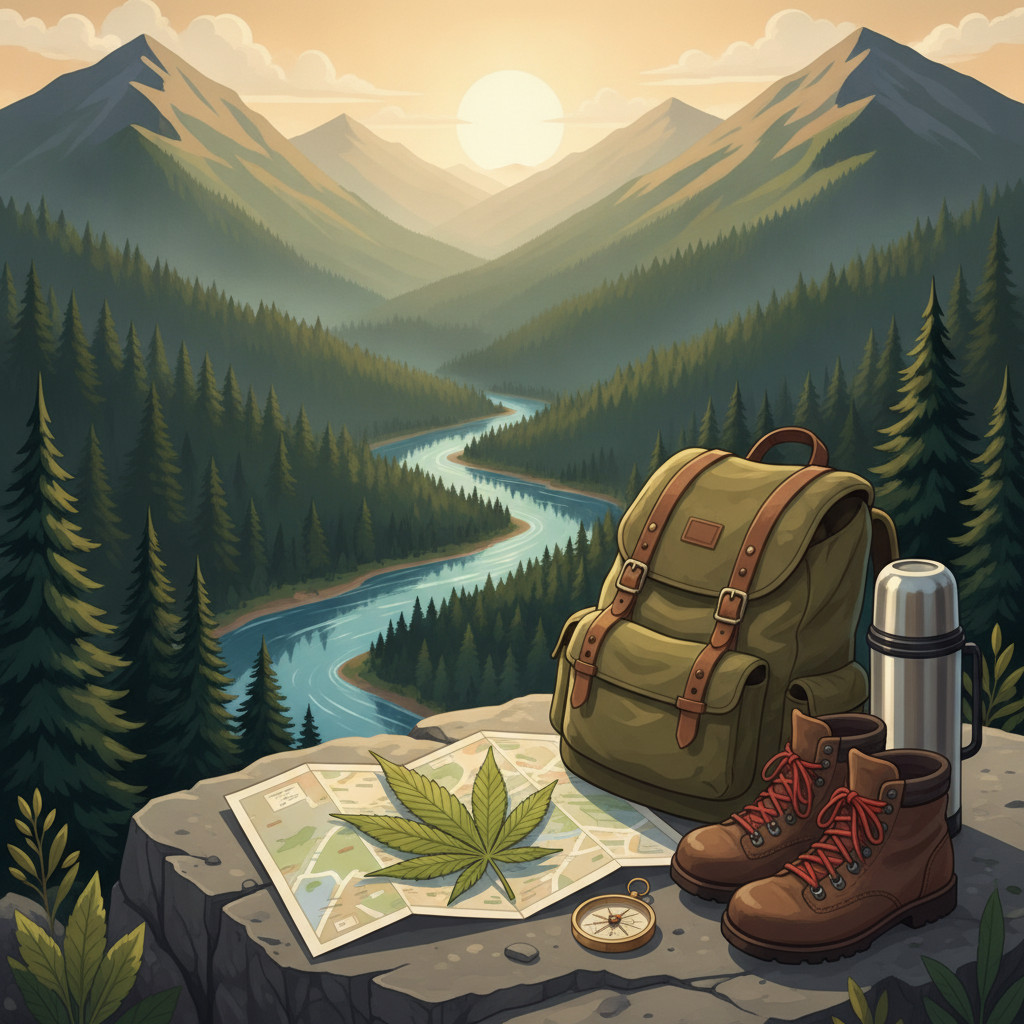 Colorful illustration of Trinity County landscape with a folded map, a single cannabis leaf on the map, a canvas backpack, hiking boots, a thermos, and a compass in the foreground; sunlit mountain ridges and a winding river in the background.