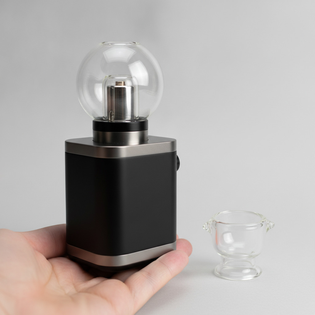 Photorealistic render of the Universal Baller vaporizer on a neutral background showing its rounded chamber, compact footprint, and a glass bowl accessory for scale.