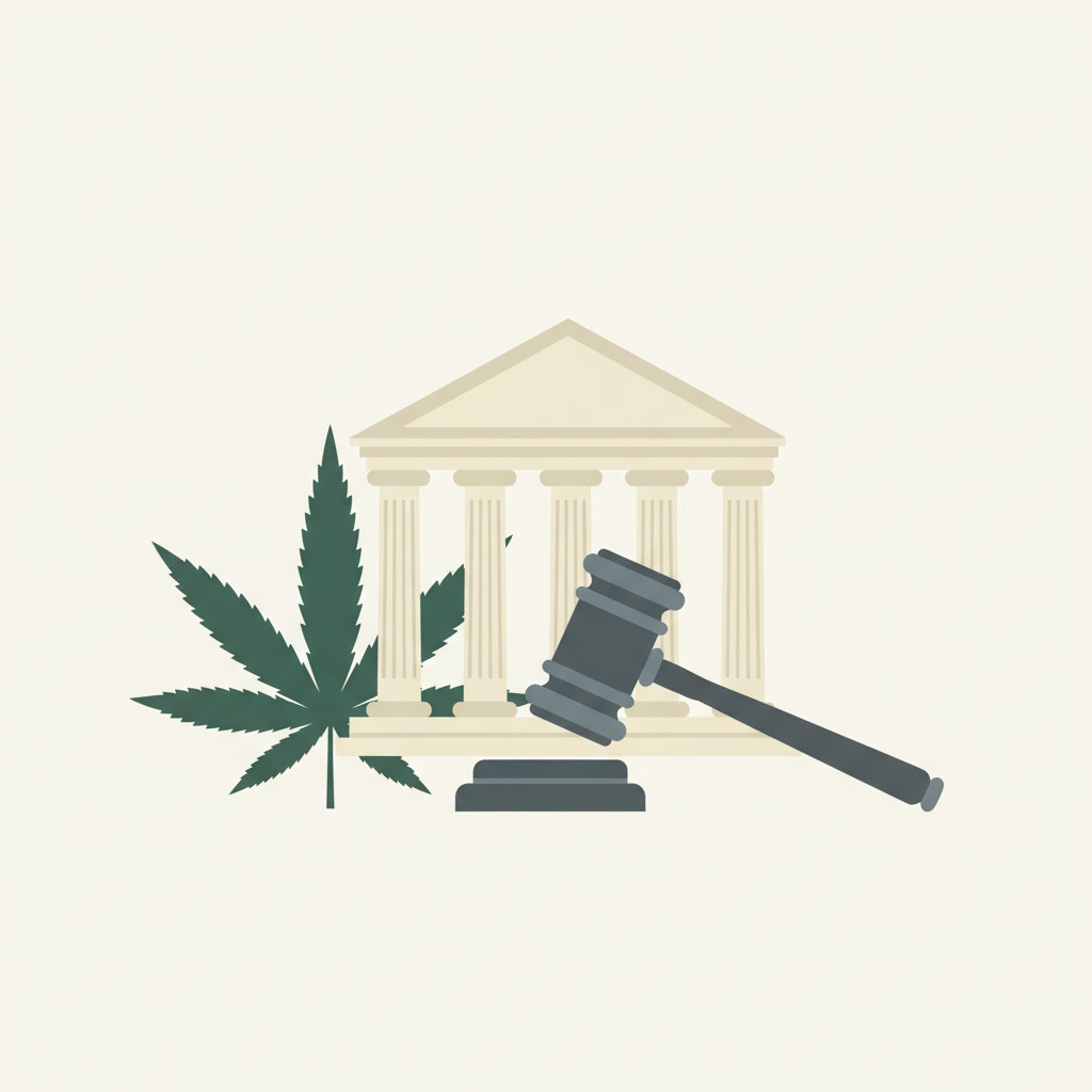 Stylized illustration of medical cannabis legislation: gavel, cannabis leaf and government building