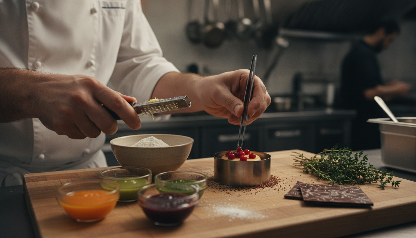 Close-up of an artisan chef's hands carefully preparing food with precision and care, showing tools, fruit purees, and textured chocolate to illustrate Culinary Craftsmanship.