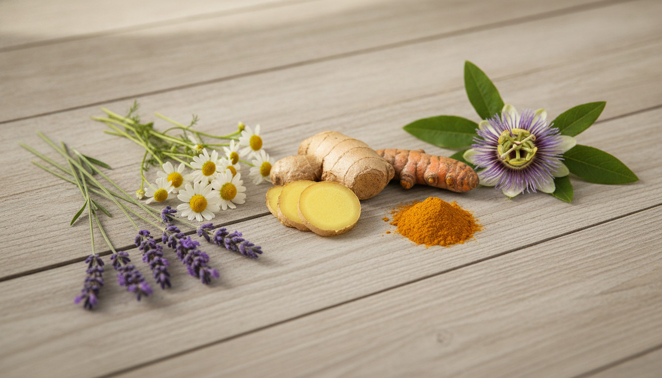 Botanical ingredients arranged on a light wooden surface, showing lavender sprigs, chamomile flowers, turmeric root and powder, fresh ginger slices, and a passionflower blossom, evoking a natural wholesome feel