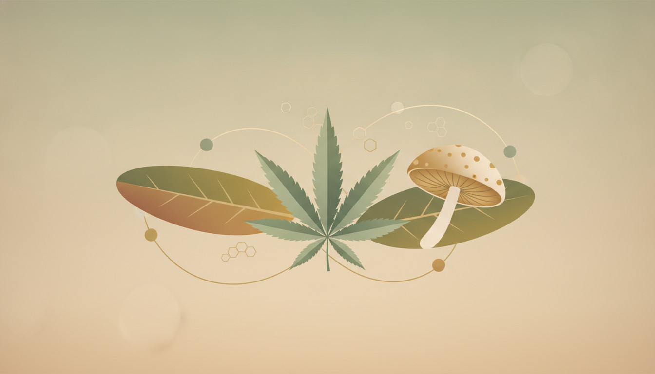 A minimal vector illustration showing a hemp leaf, an adaptogen leaf, and a small mushroom cap arranged in a balanced composition with stylized molecular hexagons and soft connecting lines to imply cannabinoids and terpenes interacting in harmony. The palette uses soft greens, warm earth tones, and muted gold accents.