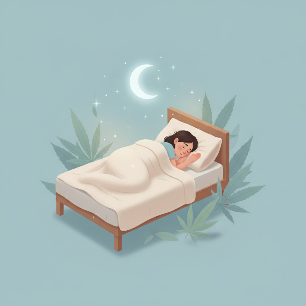 Person sleeping peacefully among hemp leaves and a soft night sky