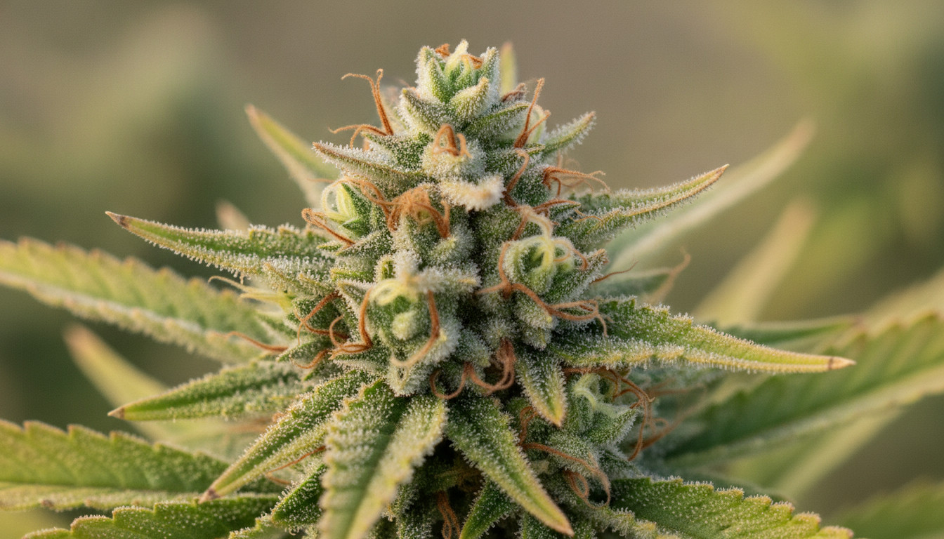 Close-up macro photo of a healthy cannabis bud showing dense trichomes, resin glands, and detailed leaf texture, photographed in soft natural light with shallow depth of field.