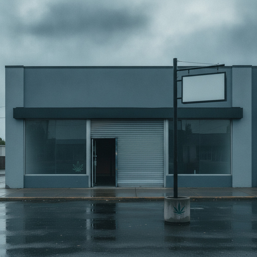 Closed Cannabist storefront with For Sale sign