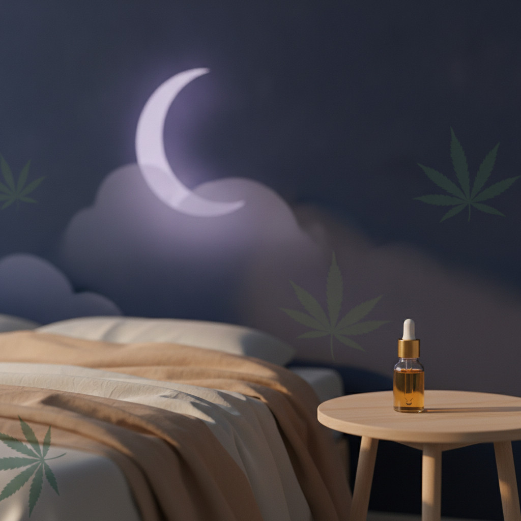 Calming sleep scene with botanical shapes and a dropper bottle