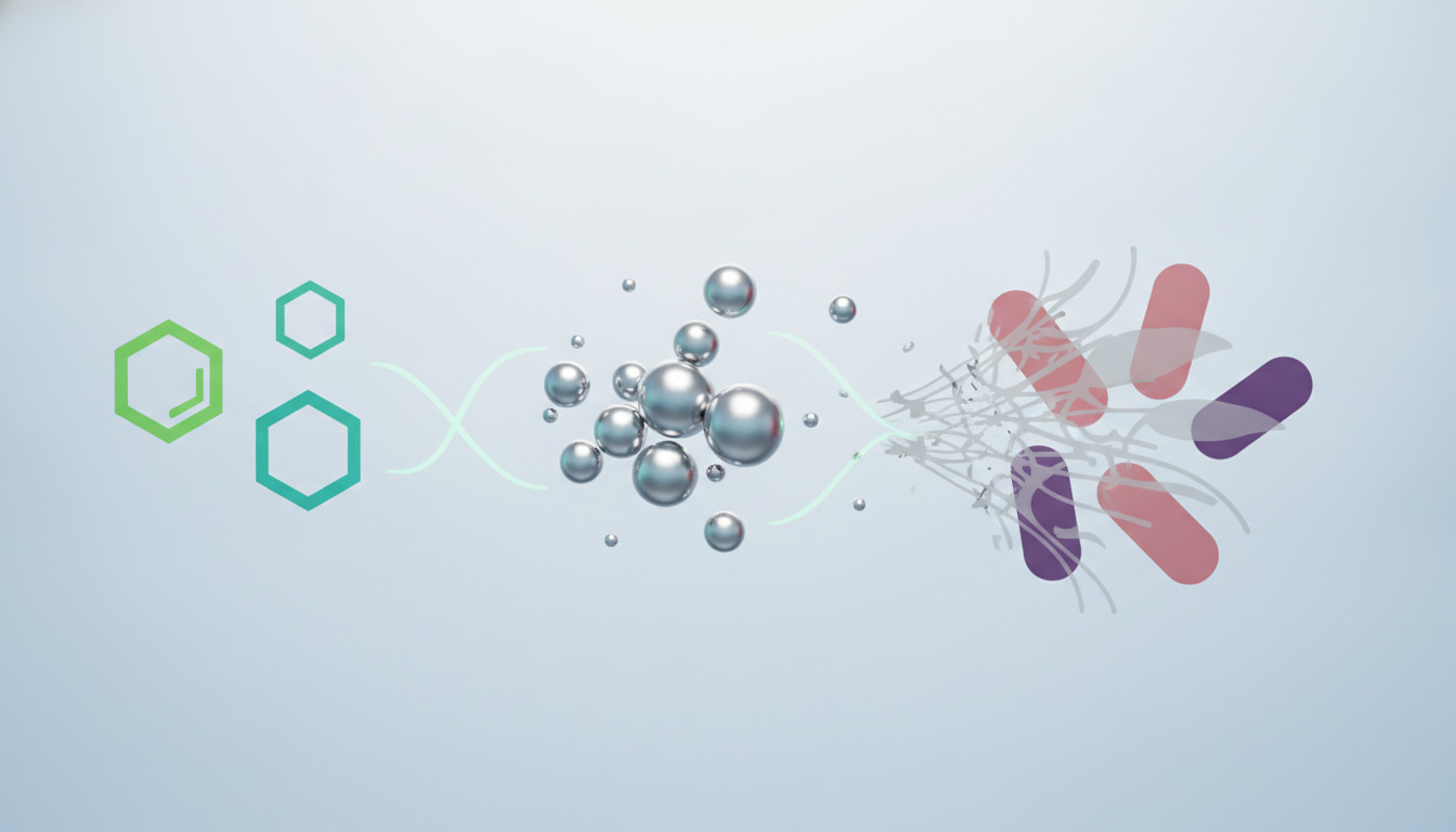 Illustration of silver nanoparticles attacking stylized bacteria, with green and teal molecular icons representing CBC and CBG amplifying the effect and a translucent biofilm matrix being disrupted.