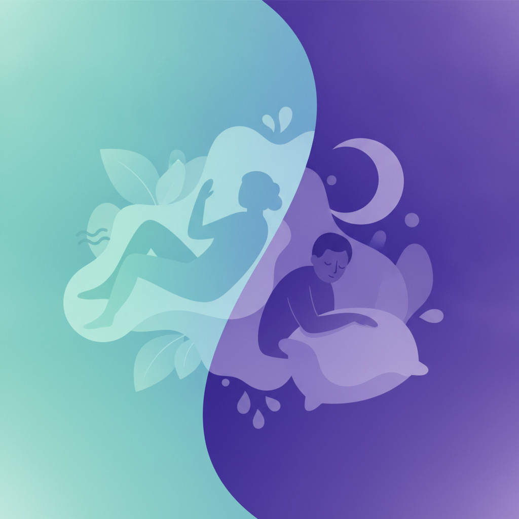 Split visual showing CBD on a green-blue calming side and CBN on a deeper indigo-purple sleepy side, with simple silhouettes of a relaxed figure and a sleeping figure, moon and soft pillow motifs, no text