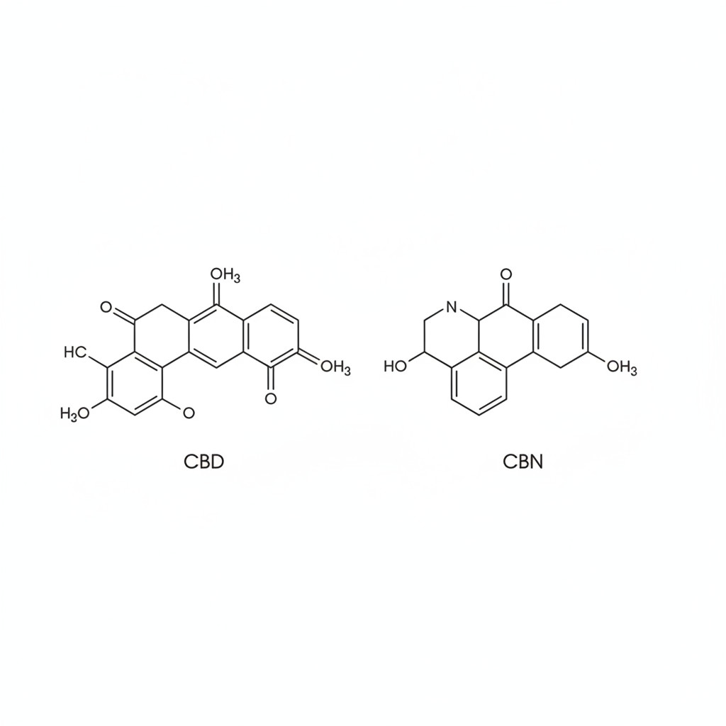 Simple black line diagrams of CBD and CBN chemical structures shown side by side on a white background.