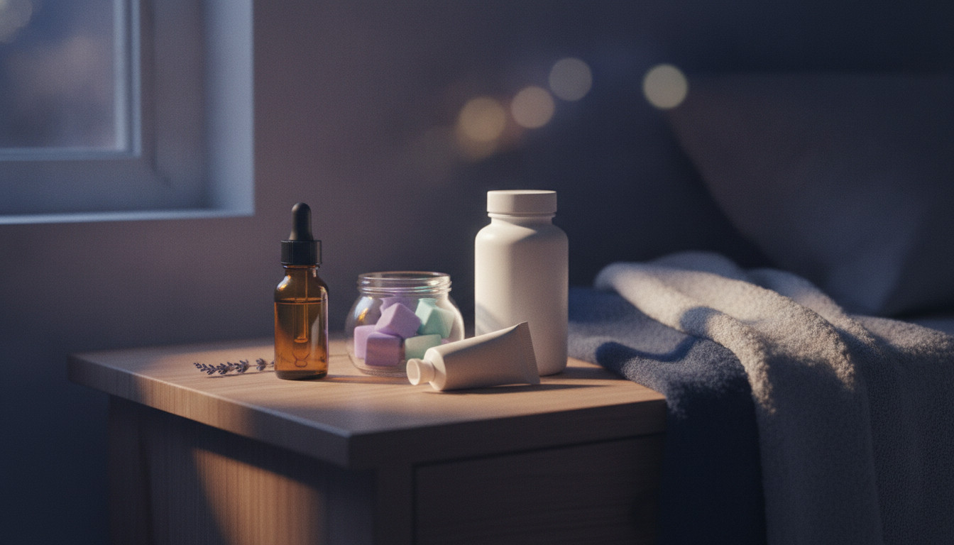 Calming nighttime bedside scene showing an amber tincture bottle with dropper, a jar of gummies, a bottle of capsules, and a small topical cream on a wooden table with lavender, soft moonlight, and a soothing navy and lavender palette.
