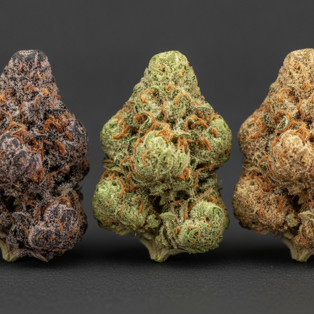 Close-up of three dense cannabis buds showing vibrant purple, lime green and amber tones with heavy trichome coverage and resin droplets, photographed in soft studio light against a dark neutral background.