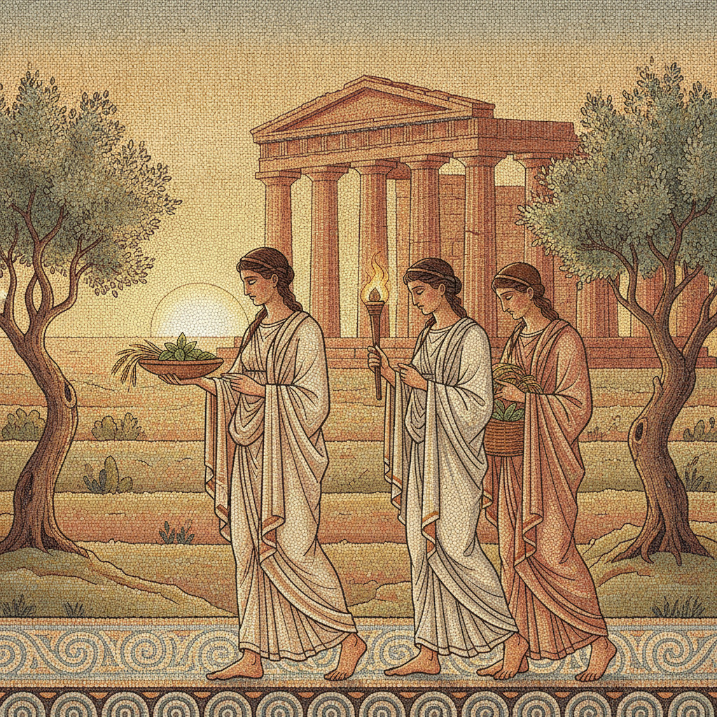 Illustration of a dawn procession to the sanctuary at Eleusis showing a priestess holding a shallow clay bowl with barley and mint, mosaic patterns, temple ruins, and olive trees in soft golden light.