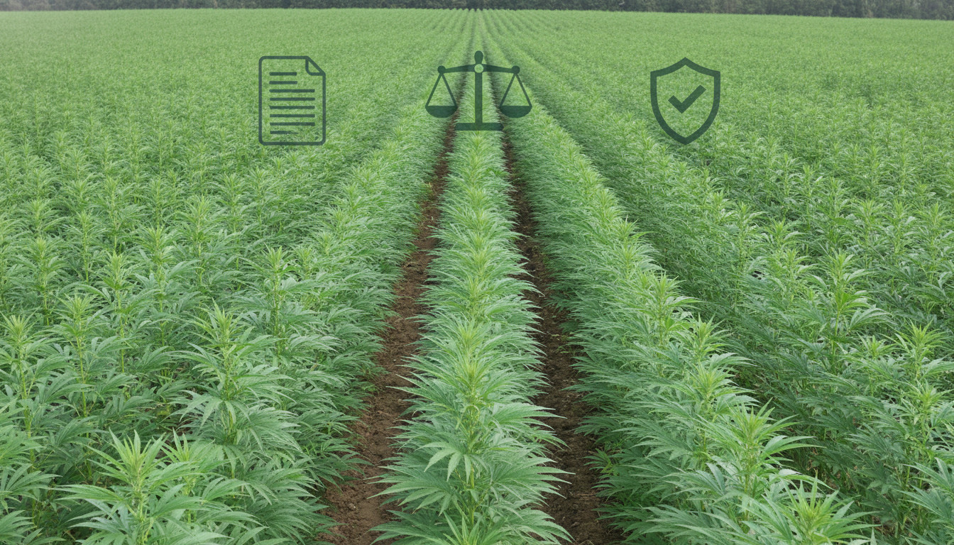 A sunlit industrial hemp field in neat rows with subtle, muted icons of a document, a scale of justice, and a shield overlayed above the plants to represent licensing, legal limits, and regulatory protection.