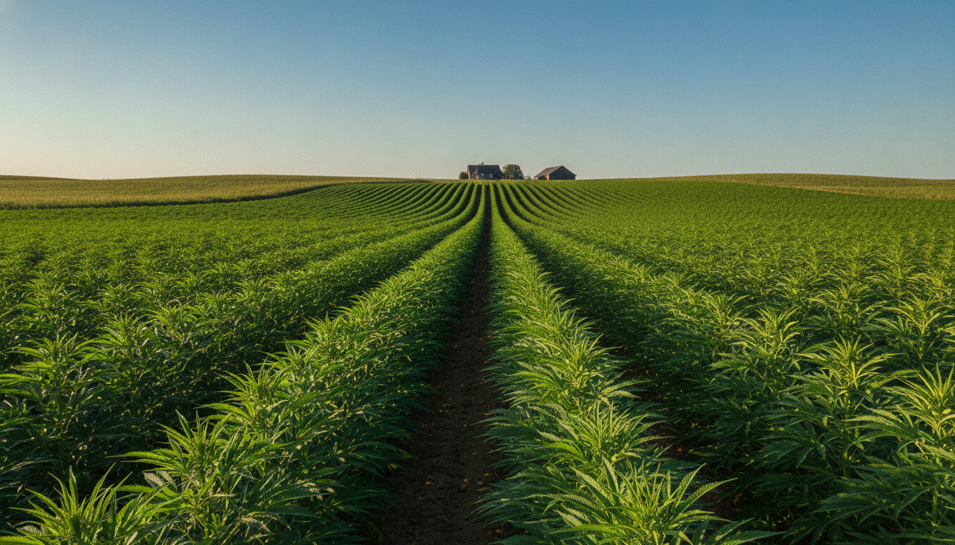 Hemp farming landscape with rows of healthy green hemp plants under a clear blue sky