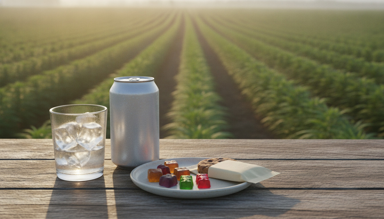 A peaceful hemp field at sunrise with a chilled THC beverage and a small plate of gummies and a wrapped cookie on a wooden table in the foreground, subtly contrasting sip and snack consumption methods.