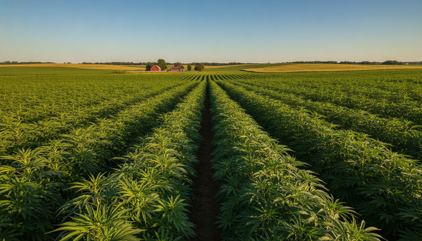 A vibrant hemp field in Minnesota with rows of lush green plants, a distant red barn on the horizon, and clear blue summer skies conveying agricultural growth and market optimism.