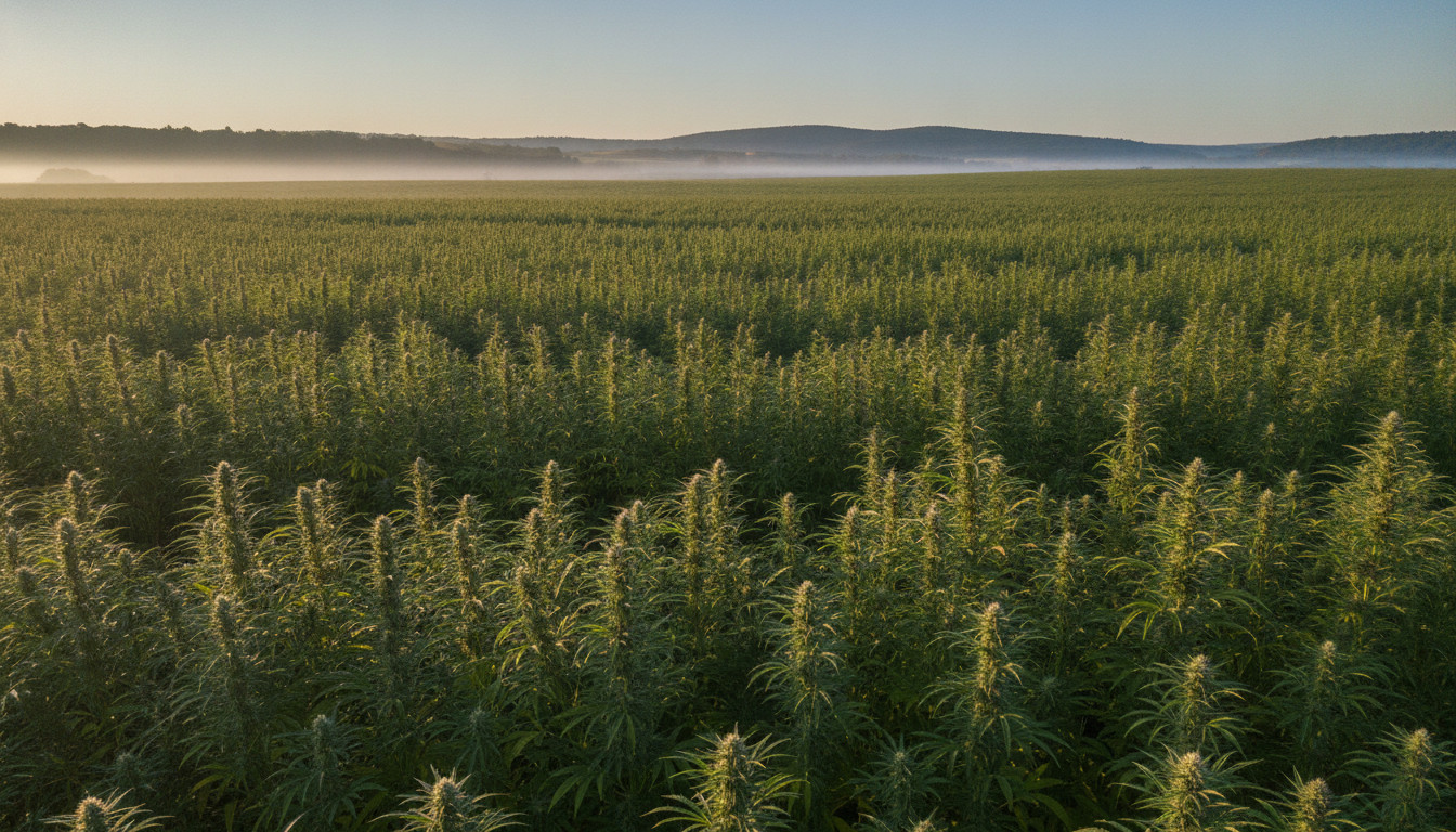 A wide, sunlit hemp field in bloom beneath a clear morning sky, with soft golden light and gentle mist creating a calm, natural wellness scene.
