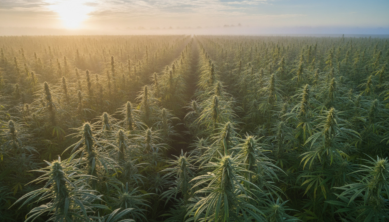 Hemp field at dawn, hemp flower compliance 0.4 mg Total THC cap, hemp field