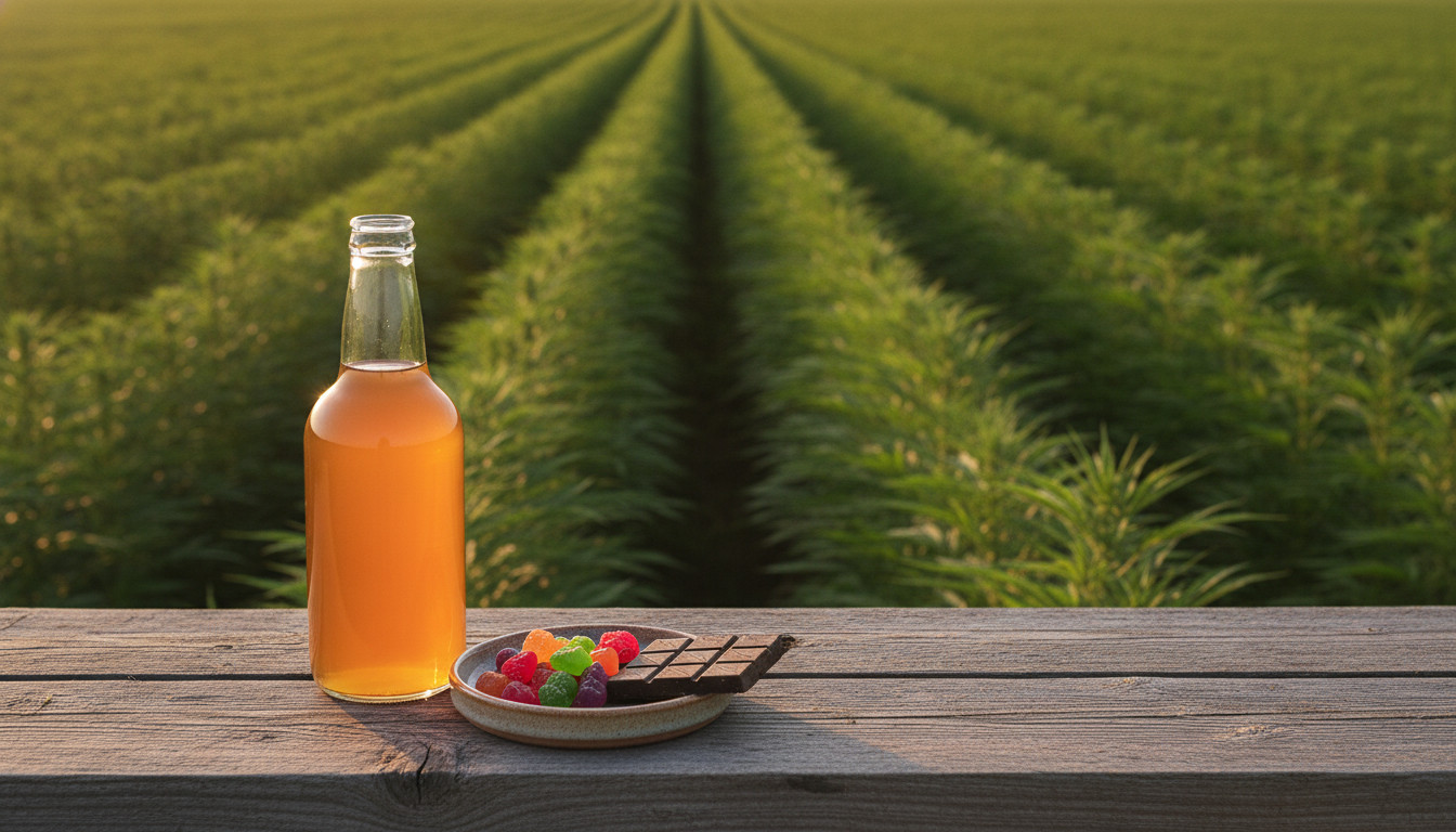 Hemp field foreground with THC beverage and edibles